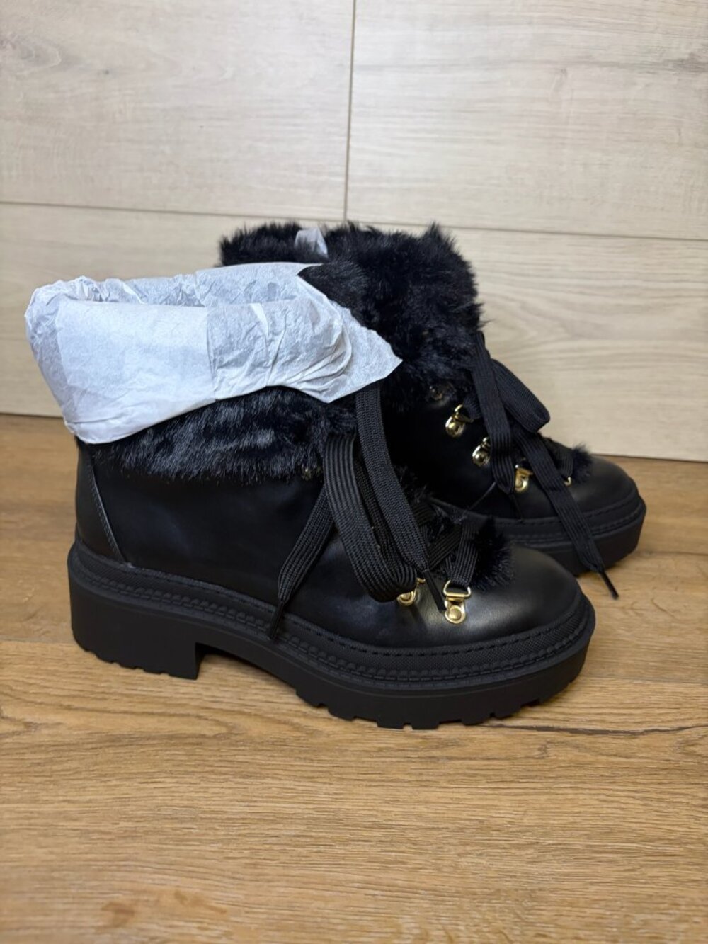 ON 34th Steffii Faux Fur Lace Up Lug Sole Combat Boots Black 8M NWT